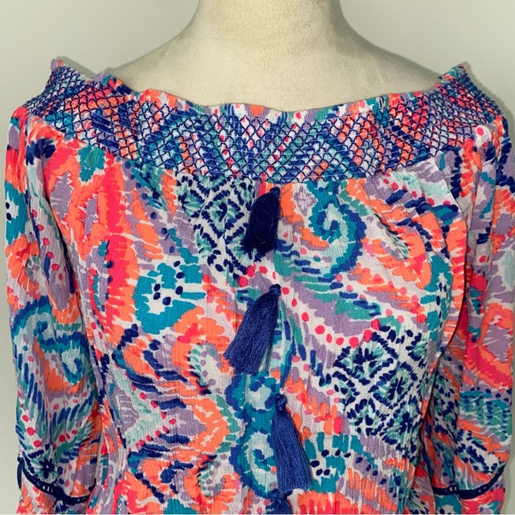 Lilly Pulitzer Joelle Dress Off Shoulder Crepe Multi Smocked Tassel M Beach - Picture 9 of 12